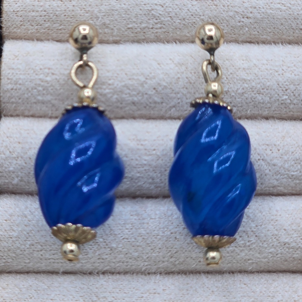 Vintage Cobalt Blue Swirl Earrings 14K GF Post Dangle Signed - Picture 8 of 8